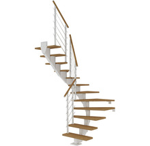 Wendeltreppe mit Holzstufen und weißem Geländer