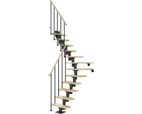 Escalier à limon central Pertura Spiros anthracite 75 cm garde-corps à barres verticales érable bois lamellé-collé vernis 13 marches 14 pas de marche Escalier en colimaçon en bois et métal