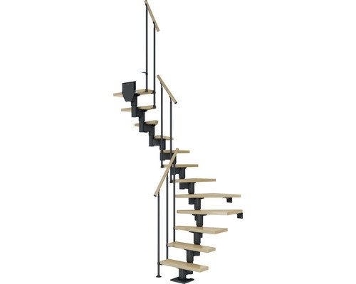 Escalier à limon central Pertura Spiros anthracite 75 cm garde-corps à barres verticales érable bois lamellé-collé vernis 12 marches 13 pas de marche