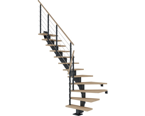 Escalier à limon central Pertura Alena anthracite 85 cm garde-corps à barres horizontales chêne bois lamellé-collé huilé 13 marches 14 pas de marche Escalier avec marches en bois et rampe en métal