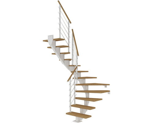 Escalier à limon central Pertura Alena blanc 85 cm garde-corps à barres horizontales chêne bois lamellé-collé huilé 12 marches 13 pas de marche