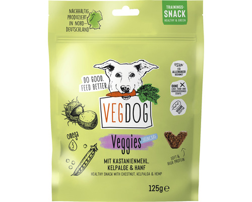 En-cas pour chiens VEGDOG Veggies Skincare avec farine de châtaigne algue chanvre végétalien 125g
