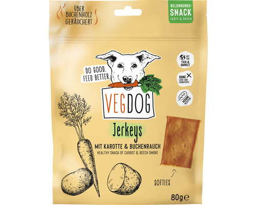 En-cas pour chiens VEGDOG Jerkeys avec carotte et fumée de hêtre végétalien 80 g