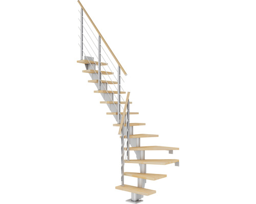 Escalier à limon central Pertura Malva gris perle 65 cm hêtre bois lamellé-collé huilé 13 marches 14 pas de marche