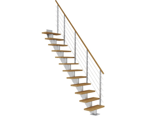 Escalier à limon central Pertura Malva gris perle 65 cm garde-corps à barres horizontales hêtre bois lamellé-collé huilé 12 marches 13 pas de marche