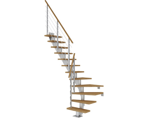 Escalier à limon central Pertura Malva gris perle 65 cm chêne bois lamellé-collé huilé 12 marches 13 pas de marche Escalier en colimaçon avec marches en bois et garde-corps en métal