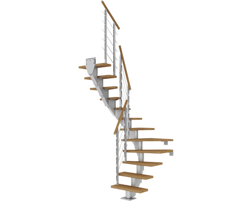 Pertura Escalier à limon central Malva gris perle 1/2 spirale 65 cm rampe à barreaux chêne bois lamellé-collé huilé 12 marches / 13 pas de marche