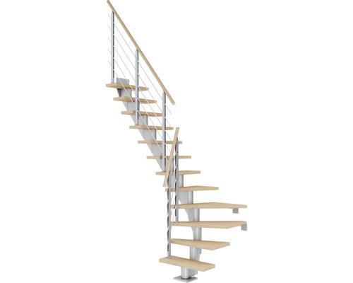 Escalier à limon central Pertura Malva gris perle 65 cm chêne bois lamellé-collé huilé 12 marches 13 pas de marche