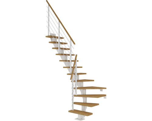 Pertura Escalier à limon central Malva blanc 1/4 spirale bas gauche/droite 65 cm balustrade chêne huilé 13 marches / 14 pas de marche