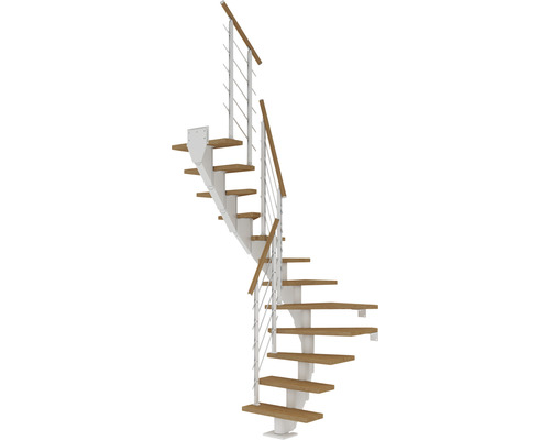 Pertura Escalier à limon central Malva blanc 1/2 spirale 65 cm rampe à barreaux chêne bois lamellé-collé huilé 12 marches / 13 pas de marche