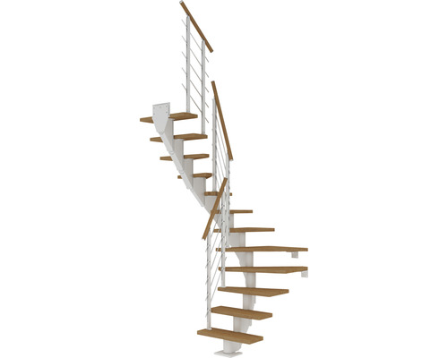 Pertura Mittelholmtreppe Malva Weiß 1/2-gewendelt 65 cm Stabgeländer Eiche Geölt 13 Stufen / 14 Steigungen Pertura Mittelholmtreppe Malva Weiß 1/2-gewendelt 65 cm Stabgeländer Eiche Geölt 13 Stufen / 14 Steigungen