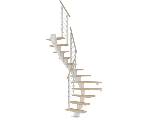 Pertura Escalier à limon central Malva blanc 1/2 spirale 65 cm rampe à barreaux chêne blanc huilé 12 marches / 13 pas de marche