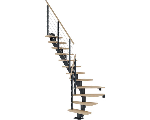 Pertura Escalier à limon central Malva anthracite 1/4 spirale bas gauche/droite 65 cm rampe à barreaux chêne blanc huilé 11 marches / 12 pas de marche