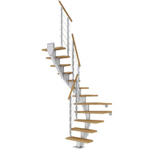 Escalier en colimaçon avec marches en bois et garde-corps en métal
