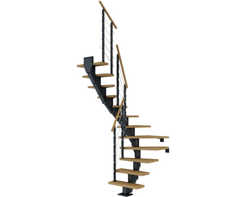 Pertura Mittelholmtreppe Malva Anthrazit 1/2-gewendelt 75 cm Stabgeländer Eiche Leimholz Geölt 12 Stufen / 13 Steigungen Pertura Mittelholmtreppe Malva Anthrazit 1/2-gewendelt 75 cm Stabgeländer Eiche Leimholz Geölt 12 Stufen / 13 Steigungen