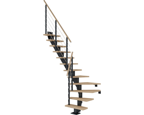 Escalier à limon central Pertura Malva anthracite 75 cm chêne bois lamellé-collé huilé 12 marches 13 pas de marche Escalier en bois avec rampe en métal