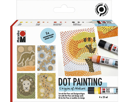 Kit peinture point à point Marabu Dot Pen Origin of Nature 4x 25 ml Kit de peinture à points Marabu avec motifs et stylos