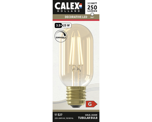 Ampoule LED T45 à intensité lumineuse variable E27/3,5W or 250 lm 2100 K Calex Warm Filament Calex Lampe tubulaire LED, 3,5 watts, 250 lumens, culot E27, à intensité variable
