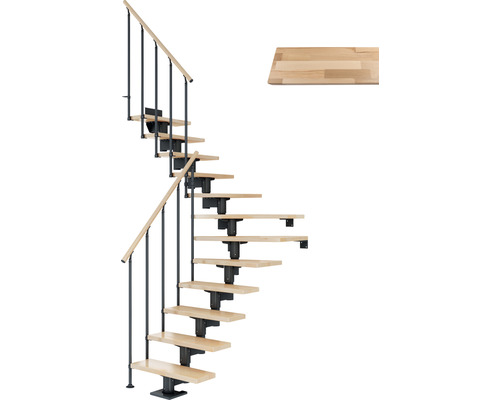 Escalier à limon central Pertura Chiron anthracite 75 cm garde-corps à barres verticales hêtre bois lamellé-collé vernis 11 marches 12 pas de marche