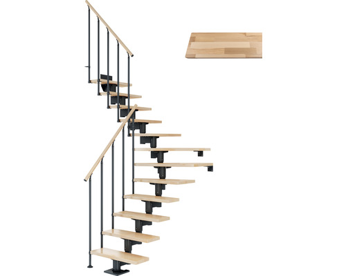 Escalier à limon central Pertura Chiron anthracite 75 cm garde-corps à barres verticales hêtre bois lamellé-collé vernis 12 marches 13 pas de marche