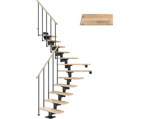 Escalier à limon central Pertura Chiron anthracite 75 cm garde-corps à barres verticales hêtre bois lamellé-collé vernis 14 marches 15 pas de marche