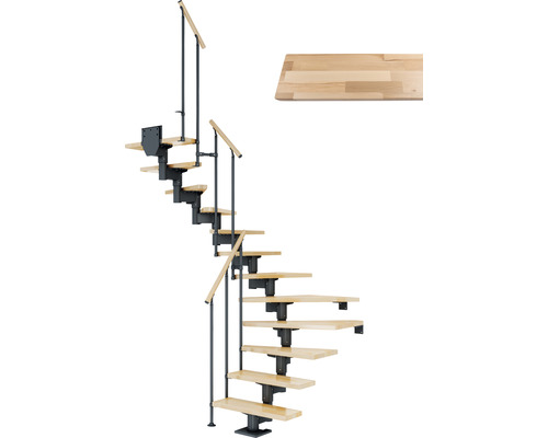 Escalier à limon central Pertura Chiron anthracite 75 cm garde-corps à barres verticales hêtre bois lamellé-collé vernis 11 marches 12 pas de marche