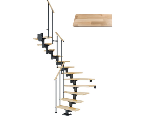 Escalier à limon central Pertura Chiron anthracite 75 cm garde-corps à barres verticales hêtre bois lamellé-collé vernis 13 marches 14 pas de marche