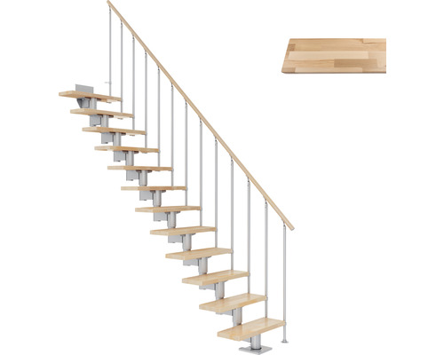 Escalier à limon central Pertura Chiron gris perle 75 cm garde-corps à barres verticales bois de hêtre lamellé-collé verni(e) 11 marches/12 pas de marche