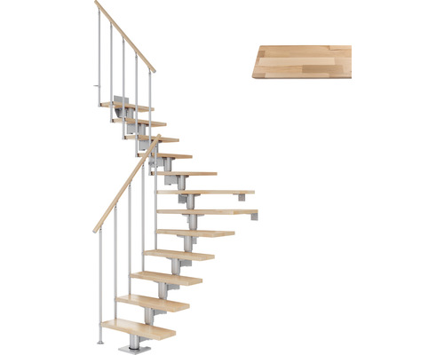 Escalier à limon central Pertura Chiron gris perle 75 cm garde-corps à barres verticales hêtre bois lamellé-collé vernis 12 marches 13 pas de marche Escalier gain de place avec marches en bois et rampe
