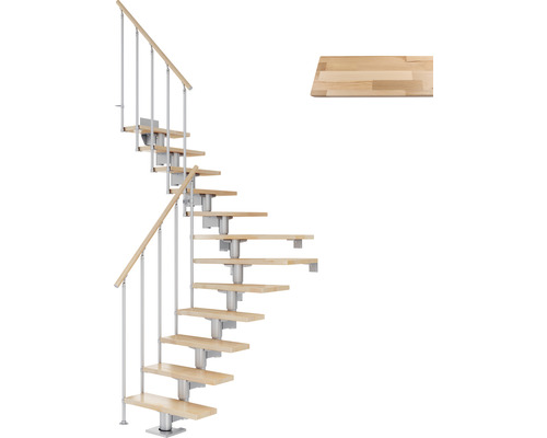 Escalier à limon central Pertura Chiron gris perle 75 cm garde-corps à barres verticales hêtre bois lamellé-collé vernis 13 marches 14 pas de marche