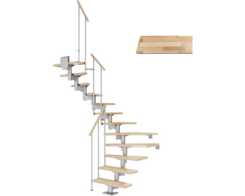 Escalier à limon central Pertura Chiron gris perle 75 cm garde-corps à barres verticales hêtre bois lamellé-collé vernis 11 marches 12 pas de marche