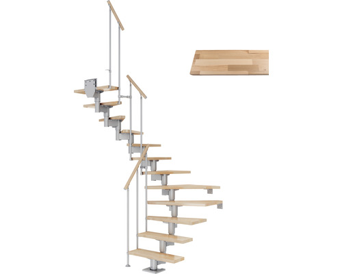 Escalier à limon central Pertura Chiron gris perle 75 cm garde-corps à barres verticales hêtre bois lamellé-collé vernis 14 marches 15 pas de marche