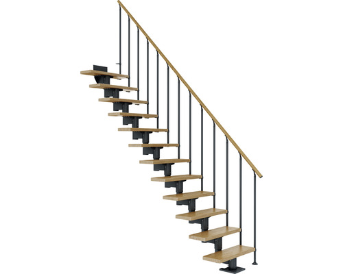 Escalier à limon central Pertura Chiron anthracite 75 cm garde-corps à barres verticales chêne vernis 11 marches 12 pas de marche