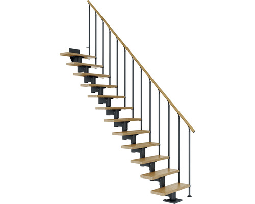 Escalier à limon central Pertura Chiron anthracite 75 cm garde-corps à barres verticales chêne lamellé-collé verni(e) 12 marches/13 pas de marche