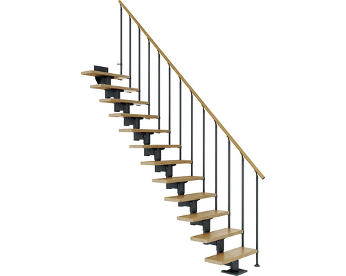 Escalier à limon central Pertura Chiron anthracite 75 cm garde-corps à barres verticales chêne vernis 14 marches 15 pas de marche Escalier à limon central Pertura Chiron anthracite 75 cm garde-corps à barres verticales chêne vernis 14 marches 15 pas de marche