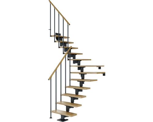 Escalier à limon central Pertura Chiron anthracite 75 cm garde-corps à barres verticales chêne bois lamellé-collé vernis 12 marches 13 pas de marche Escalier en colimaçon en bois et métal pour l''intérieur