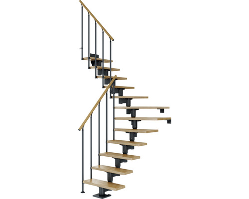 Escalier à limon central Pertura Chiron anthracite 75 cm garde-corps à barres verticales chêne bois lamellé-collé vernis 13 marches 14 pas de marche