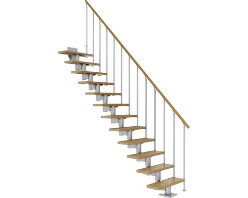 Escalier à limon central Pertura Chiron gris perle 75 cm garde-corps à barres verticales chêne vernis 11 marches 12 pas de marche