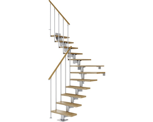 Escalier à limon central Pertura Chiron gris perle 75 cm garde-corps à barres verticales chêne bois lamellé-collé vernis 12 marches 13 pas de marche