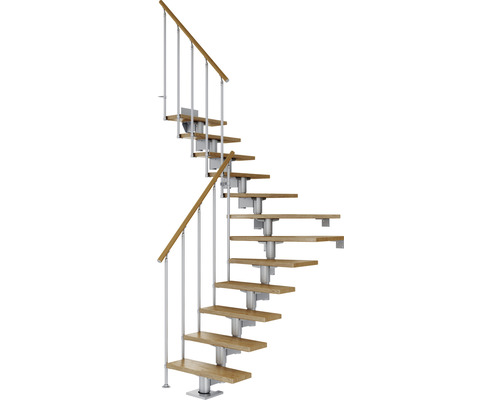 Escalier à limon central Pertura Chiron gris perle 75 cm garde-corps à barres verticales chêne vernis 14 marches 15 pas de marche