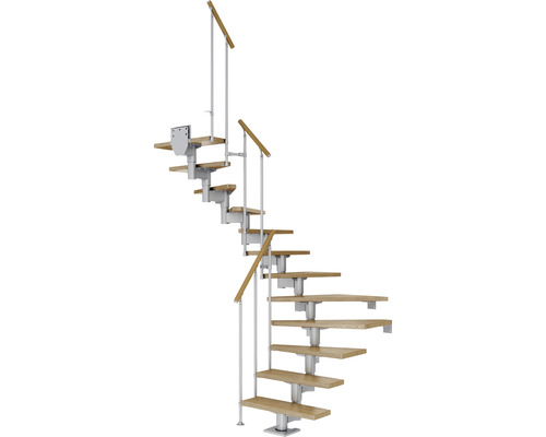 Escalier à limon central Pertura Chiron gris perle 75 cm garde-corps à barres verticales chêne bois lamellé-collé vernis 12 marches 13 pas de marche