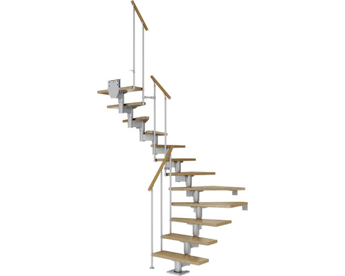 Pertura Mittelholmtreppe Chiron Perlgrau 1/2-gewendelt 75 cm Stabgeländer Eiche Leimholz Lackiert 13 Stufen / 14 Steigungen