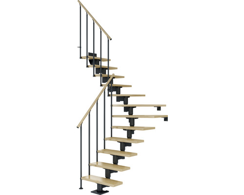 Escalier à limon central Pertura Chiron anthracite 75 cm garde-corps à barres verticales érable bois lamellé-collé vernis 11 marches 12 pas de marche