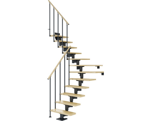 Escalier à limon central Pertura Chiron anthracite 75 cm garde-corps à barres verticales érable bois lamellé-collé vernis 13 marches 14 pas de marche Escalier en colimaçon avec marches en bois et rampe en métal