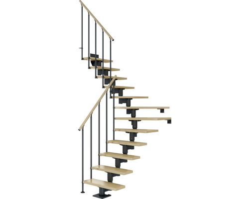 Escalier à limon central Pertura Chiron anthracite 75 cm garde-corps à barres verticales érable bois lamellé-collé vernis 14 marches 15 pas de marche Escalier en colimaçon avec marches en bois et rampe