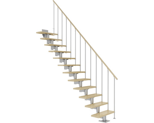 Escalier à limon central Pertura Chiron gris perle 75 cm garde-corps à barres verticales érable bois lamellé-collé vernis 13 marches 14 pas de marche