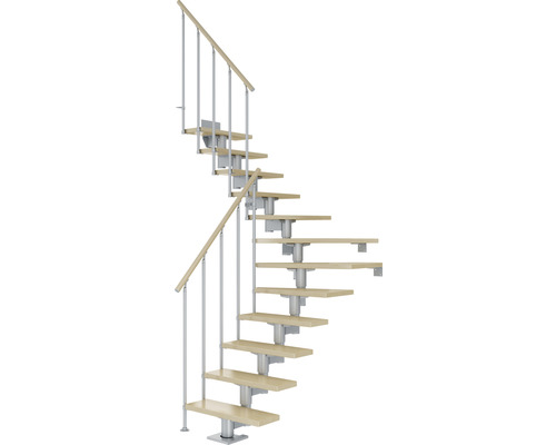 Escalier à limon central Pertura Chiron gris perle 75 cm garde-corps à barres verticales érable bois lamellé-collé vernis 11 marches 12 pas de marche
