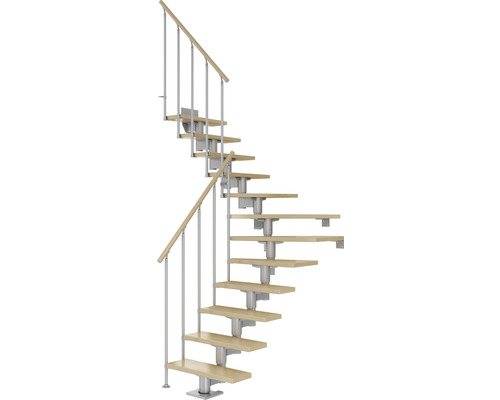 Escalier à limon central Pertura Chiron gris perle 75 cm garde-corps à barres verticales érable bois lamellé-collé vernis 13 marches 14 pas de marche