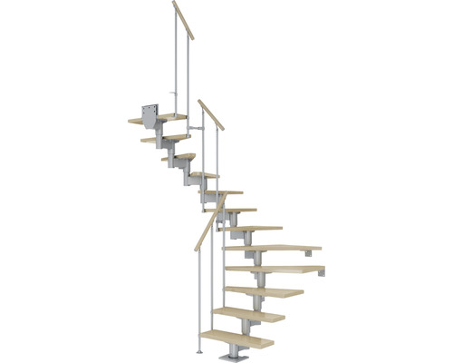 Pertura Mittelholmtreppe Chiron Perlgrau 1/2-gewendelt 75 cm Stabgeländer Ahorn Leimholz Lackiert 12 Stufen / 13 Steigungen