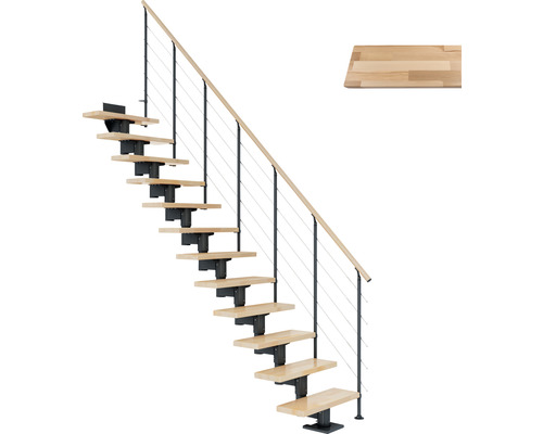 Escalier à limon central Pertura Chiron anthracite 75 cm garde-corps à barres horizontales bois de hêtre lamellé-collé verni(e) 11 marches/12 pas de marche